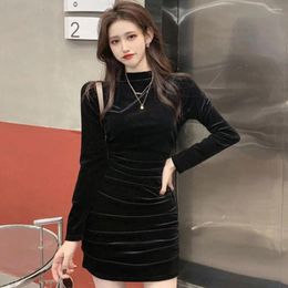 Casual Dresses Solid Colour Dress Women Elegant Retro Mock Collar Mini For Spring Fall Pleated Sheath Slim Fit