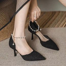 Dress Shoes 2024 Elegant Ladies Ankle Strap Pearl Pumps Women Sexy Thin High Heels Wedding Spring Pointed Toe For Woman