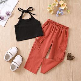 Clothing Sets CitgeeSummer Kids Girl Outfits Solid Colour Rib Hater Neck Sleeveless Tops Bow Elastic Waist Pants Clothes Set