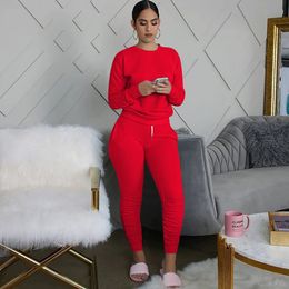 Fashion Women 2 Pieces Set Tracksuits Long Sleeve Solid Colour Pullover T-shirt High Waist Lace-up Long Pant Outfits 240125