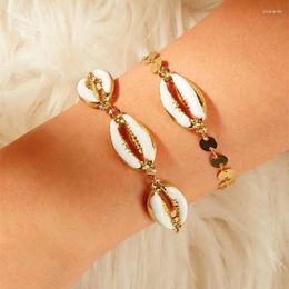 Link Bracelets 2 Pcs/Set Vintage Gold Color Anklet Bracelet Women Sequins Shell Geometric Charm Bohemian Ankle Jewelry