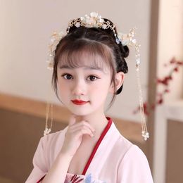 Hair Accessories Elegant Retro Tassel Pink Flower Headwear Ancient Stick Set Children's Fork Crown Chinese Style Headdress