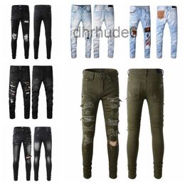 Ripped Fashion Amirr Mens Jeans Clothing Designer Pants Light Blue Slim Denim Straight Biker Hole Hip Hop Men FKCL
