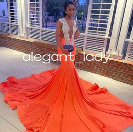 Orange Sparkly African Prom Formal Dresses for Women Luxury Crystal Black Girl Birhtday Evening Ceremony Gown vestido de festa