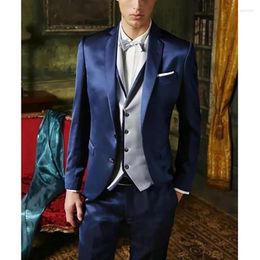 Men's Suits Gorgeous Formal Blazer Blue Jacket Pants Grey Waistcoat Notch Lapel Single Breasted Skinny Costume Homme Clothing