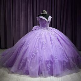 Lavender Lilac Shiny Quinceanera Dress Off the Shoulder Lace Applique Sequins Beads Mexican Sweet 16 Vestidos De XV 15 Anos