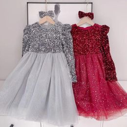 Girl Dresses Autumn Long Sleeve Sequined Shiny Princess Girls Dress Kid Year Tulle Red Clothes Children Birthday Party Tutu Vestido