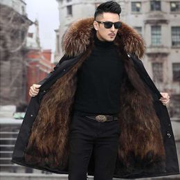 Parker Mens Winter Designer Mid Length Fur Integrated Coat with Detachable Raccoon Inner Lining Faux Leather Jacket OXAZ