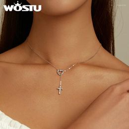 Pendants WOSTU Real 925 Sterling Silver Dazzling Rainbow Love Heart Cross Zircon Pendant Choker Necklace For Women Jewellery Gift CTN244