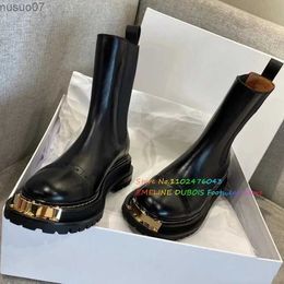 Boots 2023 New Autumn Design Black Ankle Boot Fashion Metal Round Toe Ladies Casual Chelsea Boots Shoes Soft Leather Short Boots Women