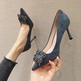 Comem Women Pumps Womens dress Shoes French High Heels Suede Rhinestone Buckle Feminine Pointed Stiletto Shoe Black Heel 240118