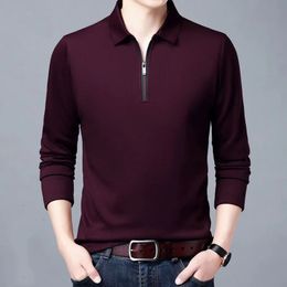 Smart Casual Men's Solid Polo Shirt Spring Autumn Long Sleeve Zipper Collar Business Fashion Loose Polos Tops Clothing 240129