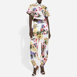 Women's Two Piece Dress Cotton white rose print laple neck short sleeve shirt midi A-line skirt harem pant set