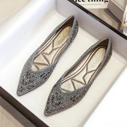 famous brand rivets flats women pointed toe glitter beading ballerian shoes shallow mouth sequined cloth moccasins plus size 43 240126