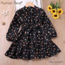 Girl's Dresses Humor Bear Girls Dress Autumn Long Sleeve Floral Princess Dress Kid Clothes WIth Bow Belt Children Dress For 2-6Y