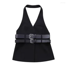 Women's Tanks Waistcoat With Belted Halterneck Collar. Elegant Black Blouse For Women. Temperament And Fashion Style