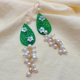 Dangle Earrings KKGEM Gold Over Sterling Sliver Hook Earring 24x40mm Green Jade Carved Sea Shell Flower White Pearl Cluster