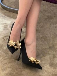 Gold Flower Rhinestone Single Shoes For Womens Style Pointed Satin Fine Heels Princess Fairy High Heel 240129