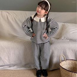 Clothing Sets 7404 Children Suit 2024 Autumn Korean Girl's Striped Lapel Sweater Pant Casual 2-9Year Boy's Two-piece Set