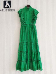 Casual Dresses AELESEEN Designer Fashion Women Green Dress Spring Summer Butterfly Sleeve Hollow Out Ruffles Single-breasted Black White