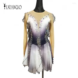 Stage Wear Kids Girls Long Sleeve Mesh/spandex Splice Rhinestone Figure Ice Skating Dress Ballet Dance Performance Costumes