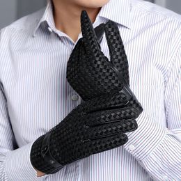 Real Leather Men Gloves Autumn Winter Thermal Plushed Lining Hand-made Woven Sheepskin Driving Gloves Male D0130 240201