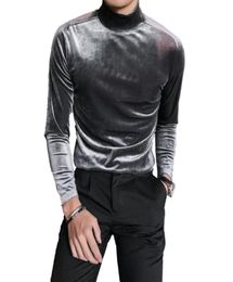 Autumn Long Sleeve T Shirts Men Fashion Men Clothes Velvet Stretched Turtleneck Slim Fit All Match Solid TShirts3122427