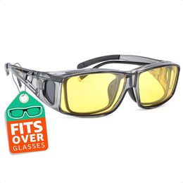 LVIOE Wrap Around Night-Vision Glasses, Fit Over Prescription Glasses with Polarised Yellow Lens Night-Driving Glasses