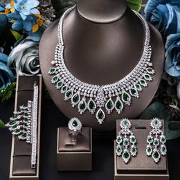 Necklace Earrings Set Super Luxury Green Cubic Zirconia Wedding Bridal Jewelry Drop Pendant And 4pcs Full Sets Bride Accessories