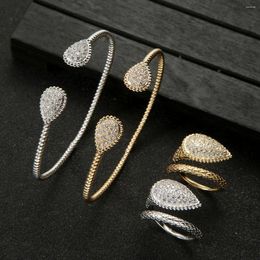 Necklace Earrings Set Water Drop Cubic Zirconia Bridal Open Ring Bracelet Jewellery 2 Pieces Fashion Dubai Wedding Bride Accessories