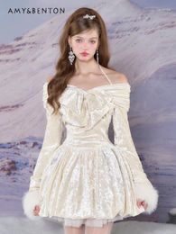 Casual Dresses Gentle Sweet Off-Shoulder Bowk Halter Sexy Mini Dress For Women High Waist Slim Fit Kawaii Ball Gown Princess Winter