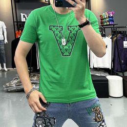 Luxury T-shirt For Men's V Letter Printing Trendy Brand Tees Summer New Round Neck Male Green Clothing Slim Tops Plus Size M-7XL