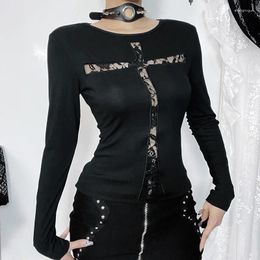 Women's T Shirts 2024 Autumn Retro Gothic Sexy Micro Transparent Long Sleeved Top Y2K Vintage Dark Punk Slim Fit Cross Lace Hollow Tops