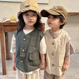 Coreano crianças meninos colete primavera outono sólido solto versátil bebê outerwear jaqueta bolso crianças colete 240125