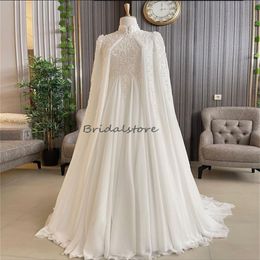 Elegant Muslim Wedding Dress Caucasian Elegant High Neck Beaded Lace Islamic Princess Bridal Dresses With Caped Chiffon Bride Vestios De Novia Robe De Mariee 2024