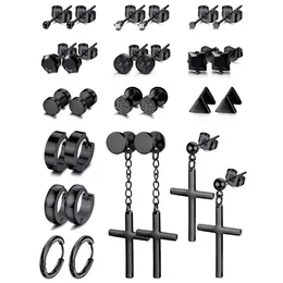 Stud Earrings 1-14 Pairs Stainless Steel Tiny CZ For Men Women Hoop Cross Dangle Set Mens Huggie Hinged Black