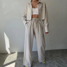 Women's Two Piece Pants Ladies 2 Long Pant Set Solid Color Blouse Top Straight Leg Single Breasted Turn Down Collar V Neck Vacation Outfit