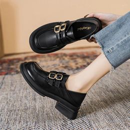 Dress Shoes 2024 Spring Women Leather Black Loafers Fashionable Metal Decoration Middle Heel Banquets And Offices Casual