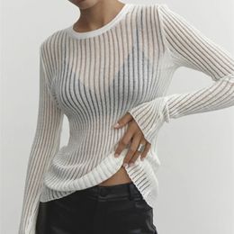 Fashion White Elegant Striped See Through Women Tops Outfits Long Sleeve T-Shirts Tees Skinny Club Party Clothes 240201