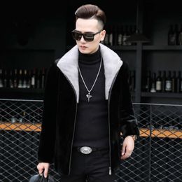 Designer Velvet Mink Coat for Mens Whole Fur Slim Fit Mid Length Collar Foldable and Stand Up AJWQ