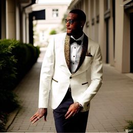 Men's Suits Groom Tuxedos For Groomsmen Slim Fit Man African Wedding With Gold Floral Lapel Prom Suit (Jacket Pants) 2024