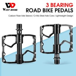 WEST BIKING 3 Bearings Bicycle Pedal Ultralight Carbon Fibre Axle Hollow Pedal Road Cycling Anti-slip Footboard Bike Accessories 240129