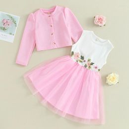 Clothing Sets CitgeeAutumn Kids Toddler Girls Outfits Pink Long Sleeve Button Coat Sleeveless Flower Embroidery Tulle Patchwork Dress Set