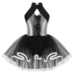 Girl Dresses Kids Stylish Tutu Mesh Dance Dress Sleeveless Shiny Sequins Ruffle Lace Decorated Straps Hollow Back Performance