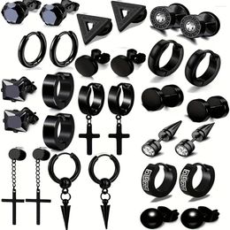 Stud Earrings 15pairs Men's Black Stainless Steel Cross Cone Pendant Hoop Daily Ear Jewellery