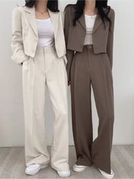 Womens Solid Casual Suits Blazer Jacket Wide Leg High Waist Pants Office Lady Autumn Spring Crop Tops Coats Two Piece Sets 240127