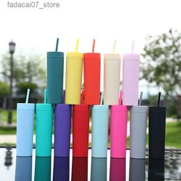 Mugs Hot 16 oz. Candy Colour Slim Fit Cup Coloured Frosted Straw Coffee Mug Water Bottle Cover Straw Double-Wall Travel Mug Q240202