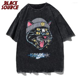 Men's T Shirts Hip Hop Oversized Tshirt Streetwear Cat Graphic Print Punk Gothic T-Shirt Men 2024 Casual Washed Tee Harajuku Cotton Tops