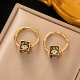 Hoop Earrings Fashion Enamel Evil Eye Stainless Steel Gold Color Cube Drop Earring Wedding Party Jewelry Gift For Women Girls
