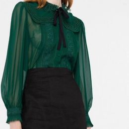 Women's Blouses 2024 Autumn Delicate Embroidered Collar Chiffon Shirt Dark Green Vintage Top